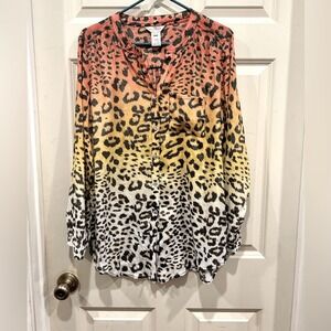Multiples Women Leopard Ombre Gradient Button Down Long‎ Sleeve Shirt Top Size L